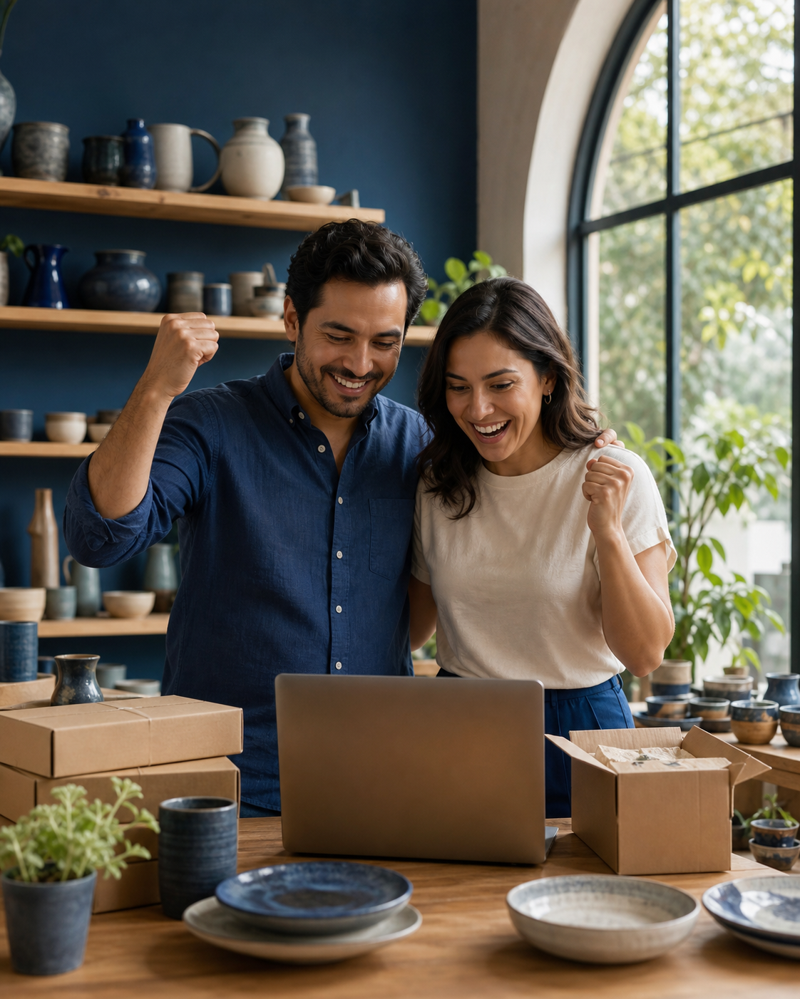 Comerciantes celebrando ventas en línea
